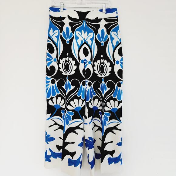 Zara Blue Floral Print Wide Leg High Waist Cropped Pants Coullotes Large - Picture 3 of 7